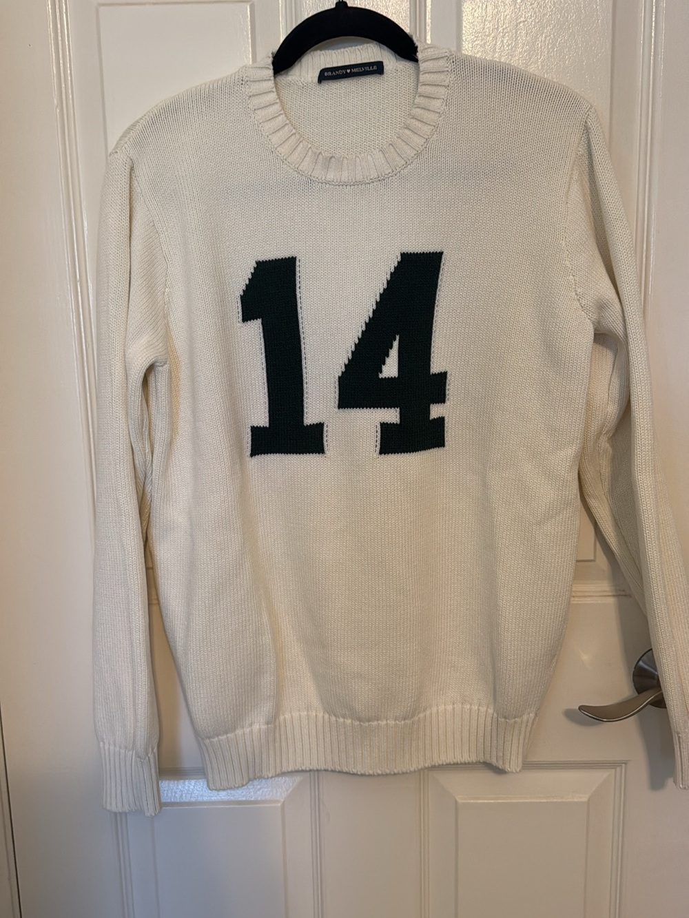 Brandy Melville Cream Crewneck Sweater with Dark Green '14' Graphic